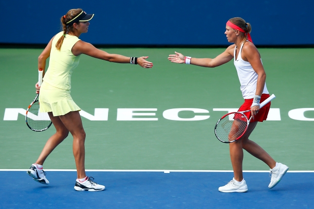 NEW HAVEN, CT: Julia Goerges and Lucie Hradecka play Raquel Kops-Jones and Abigail Spears on stadium court during the 2015 Connecticut Open at the Yale University Tennis Center on Friday, August 28, 2015 in New Haven, Connecticut. (Photo by Jared Wickerham/Connecticut Open)