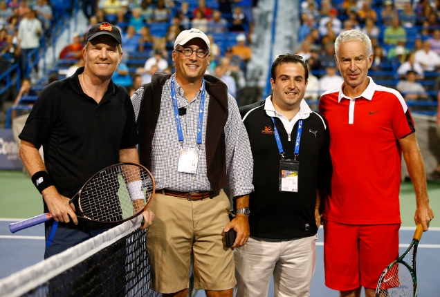 NEW HAVEN, CT: John McEnroe plays Jim Courier as part of the PowerShares series on stadium court during the 2015 Connecticut Open at the Yale University Tennis Center on Friday, August 28, 2015 in New Haven, Connecticut. (Photo by Jared Wickerham/Connecticut Open)